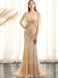 vigocouture-Beaded Batwing Sleeve Prom Dresses Mermaid Boatneck Evening Dresses 20107-Prom Dresses-vigocouture-Gold-US2-