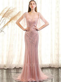 vigocouture-Beaded Batwing Sleeve Prom Dresses Mermaid Boatneck Evening Dresses 20107-Prom Dresses-vigocouture-Pink-US2-