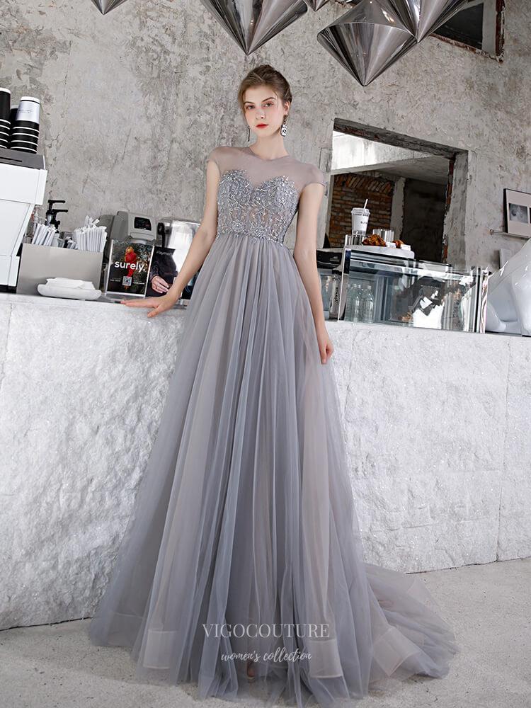 vigocouture-Beaded Cap Sleeve Prom Dress 20227-Prom Dresses-vigocouture-Grey-US2-