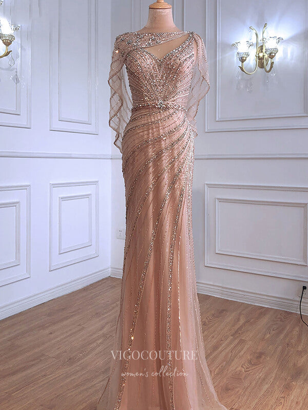 vigocouture-Beaded Cape Sleeve Prom Dresses Mermaid Evening Dresses 21315-Prom Dresses-vigocouture-Champagne-US2-