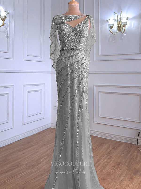 vigocouture-Beaded Cape Sleeve Prom Dresses Mermaid Evening Dresses 21315-Prom Dresses-vigocouture-Grey-US2-