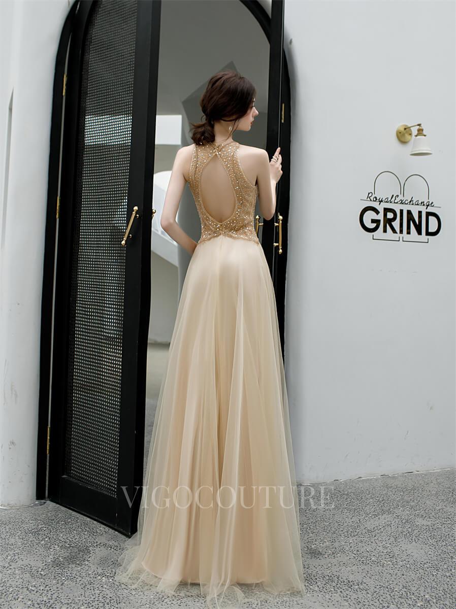 vigocouture-Beaded Champagne Prom Gown A-line Backless Prom Dresses 20170-Prom Dresses-vigocouture-