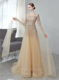 vigocouture-Beaded Extra Long Sleeve Prom Dress 20136-Prom Dresses-vigocouture-Gold-US2-
