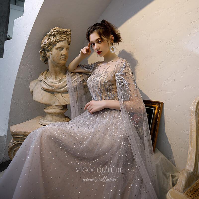 vigocouture-Beaded Extra Long Sleeve Prom Dress 20197-Prom Dresses-vigocouture-