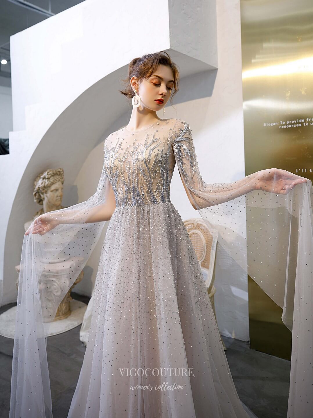 vigocouture-Beaded Extra Long Sleeve Prom Dress 20197-Prom Dresses-vigocouture-Grey-US2-