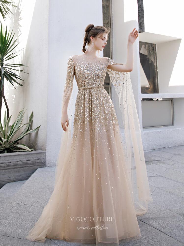 Round Neck Beaded Prom Dresses Short Sleeve A-line Evening Dresses 201 –  vigocouture