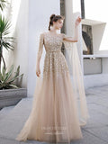 vigocouture-Beaded Extra Long Sleeve Prom Dress 20232-Prom Dresses-vigocouture-Champagne-US2-