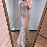 vigocouture-Beaded Feather Formal Evening Dress 20202-Prom Dresses-vigocouture-Khaki-US2-