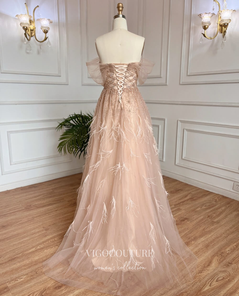 Beaded Feather Prom Dresses Off the Shoulder Evening Dress 22101-Prom Dresses-vigocouture-Pink-US2-vigocouture