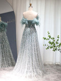 Beaded Feather Prom Dresses Off the Shoulder Evening Dress 22148-Prom Dresses-vigocouture-Light Green-US2-vigocouture