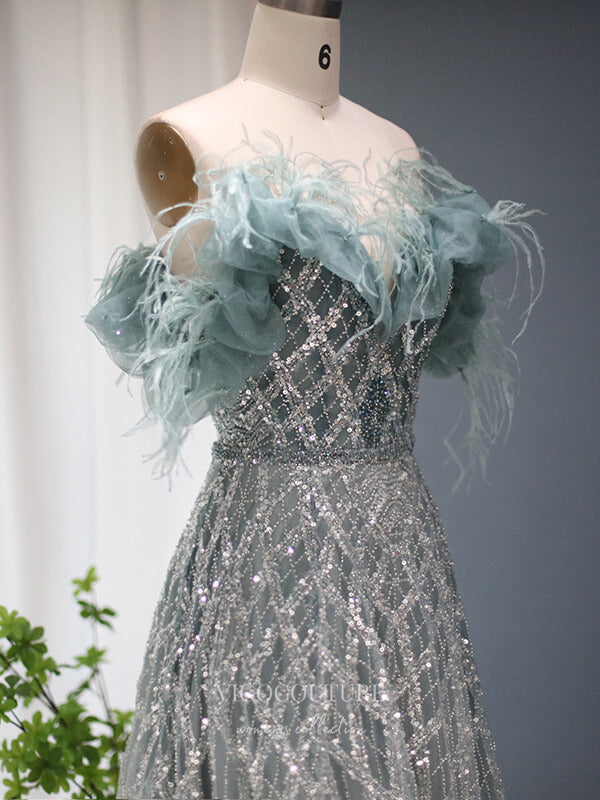 Beaded Feather Prom Dresses Off the Shoulder Evening Dress 22148-Prom Dresses-vigocouture-Light Green-US2-vigocouture