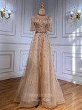 vigocouture-Beaded Half Sleeve Prom Dresses Round Neck Formal Dresses 21225-Prom Dresses-vigocouture-Champagne-US2-