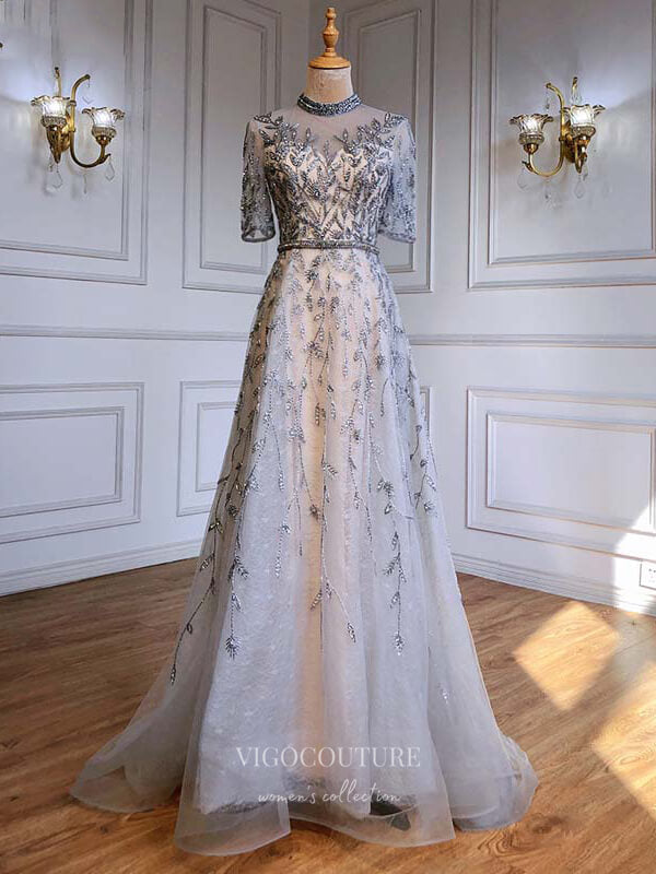 vigocouture-Beaded Half Sleeve Prom Dresses Round Neck Formal Dresses 21225-Prom Dresses-vigocouture-Silver-US2-