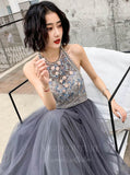 vigocouture-Beaded Halter Neck Prom Dress 20635-Prom Dresses-vigocouture-Grey-US2-