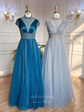 Beaded High Neck Prom Dresses Cap Sleeve Mother of the Bride Dresses 22106-Prom Dresses-vigocouture-Blue-US2-vigocouture