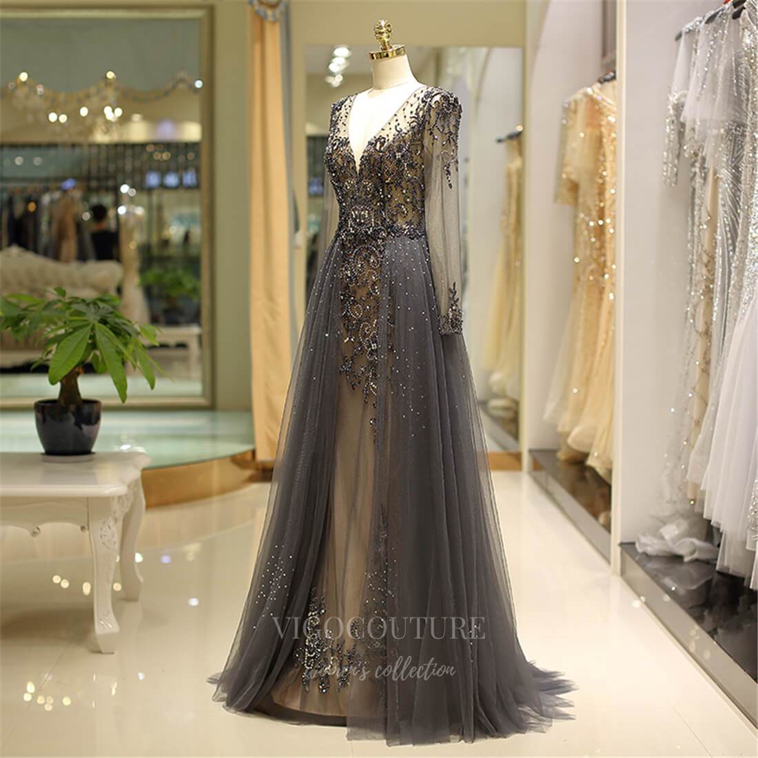 vigocouture-Beaded Lace Applique Long Sleeve Prom Dress 20291-Prom Dresses-vigocouture-