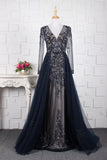 Beaded Lace Applique Long Sleeve Prom Dress 20291-Prom Dresses-vigocouture-Blue-US2-vigocouture