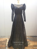 Beaded Lace Prom Dresses Long Sleeve Boat Neck Formal Dresses 22070-Prom Dresses-vigocouture-Black-US2-vigocouture
