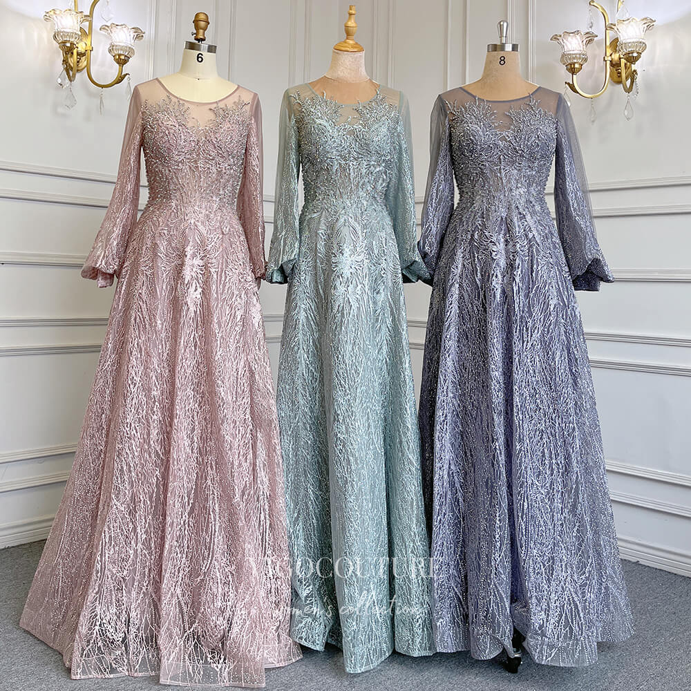 Beaded Lace Prom Dresses Long Sleeve Boat Neck Mother of the Bride Dresses 22068-Prom Dresses-vigocouture-Green-US2-vigocouture