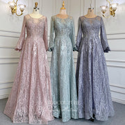Beaded Lace Prom Dresses Long Sleeve Boat Neck Mother of the Bride Dresses 22068
