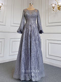 Beaded Lace Prom Dresses Long Sleeve Boat Neck Mother of the Bride Dresses 22068-Prom Dresses-vigocouture-Grey-US2-vigocouture