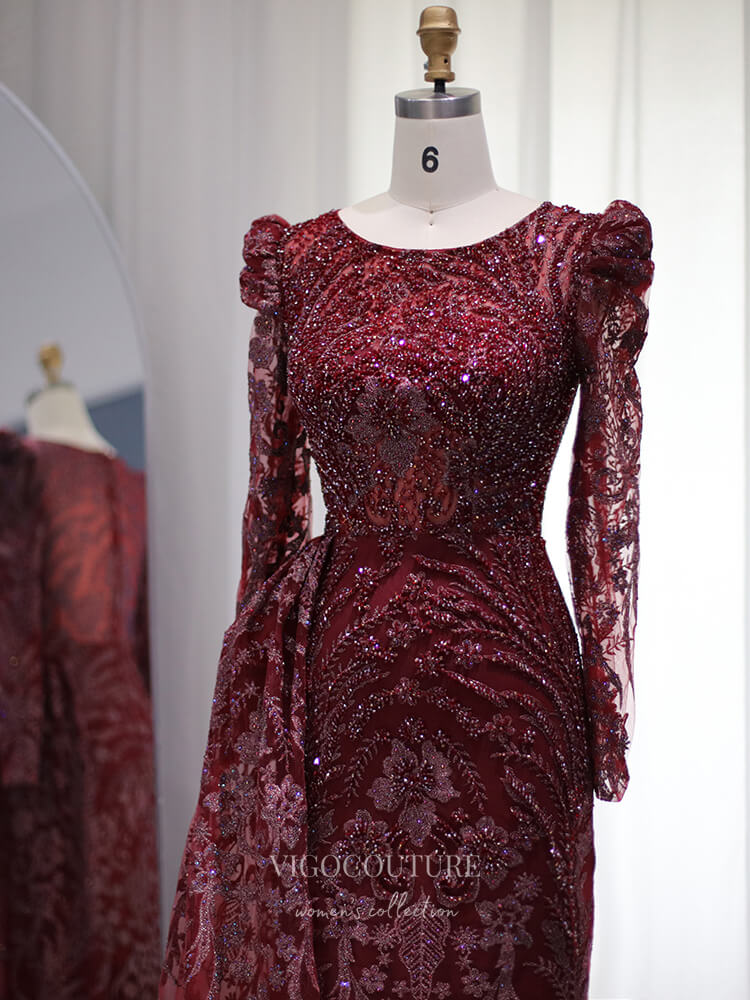 Beaded Lace Prom Dresses Long Sleeve Mother of the Bride Dress 22152-Prom Dresses-vigocouture-Burgundy-US2-vigocouture