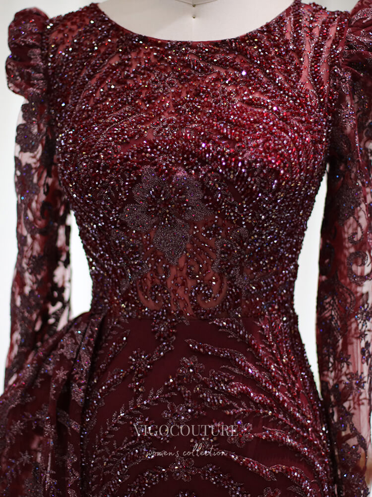 Beaded Lace Prom Dresses Long Sleeve Mother of the Bride Dress 22152-Prom Dresses-vigocouture-Burgundy-US2-vigocouture
