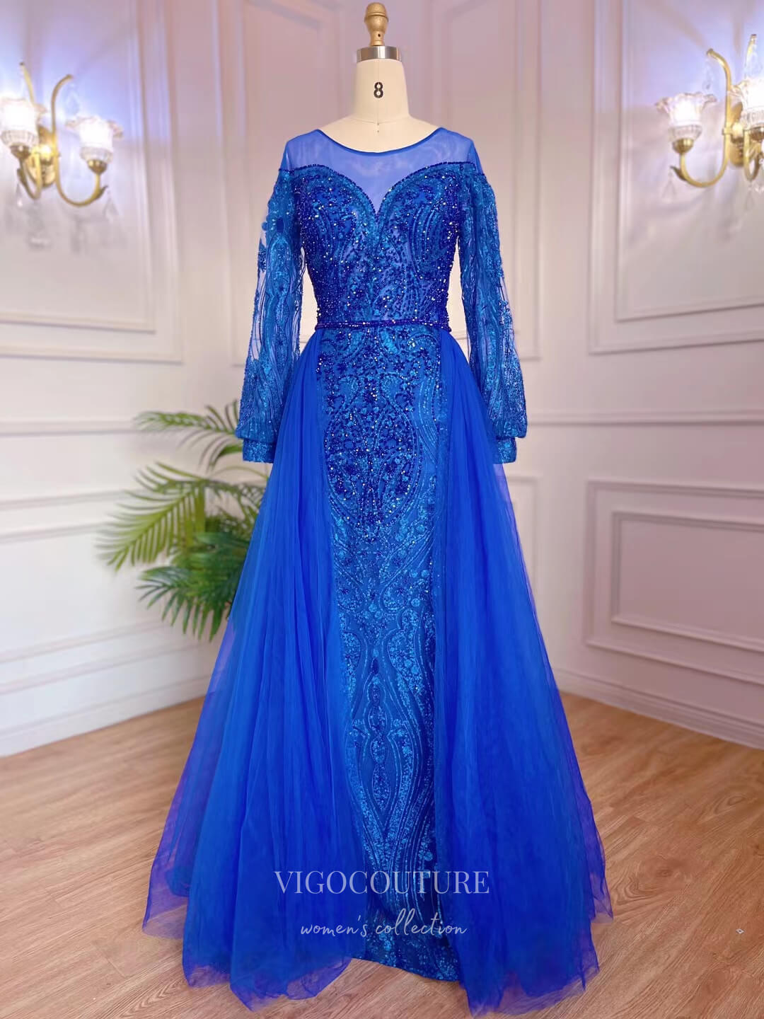 Beaded Lace Prom Dresses Long Sleeve Overskirt Mother of the Bride Dresses 22117-Prom Dresses-vigocouture-Blue-US2-vigocouture