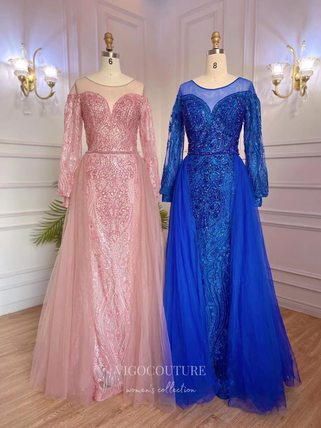 Beaded Lace Prom Dresses Long Sleeve Overskirt Mother of the Bride Dresses 22117-Prom Dresses-vigocouture-Pink-US2-vigocouture