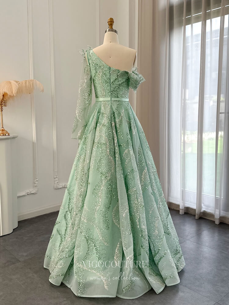 Beaded Lace Prom Dresses One Shoulder Long Sleeve Formal Dress 22158-Prom Dresses-vigocouture-Light Green-US2-vigocouture