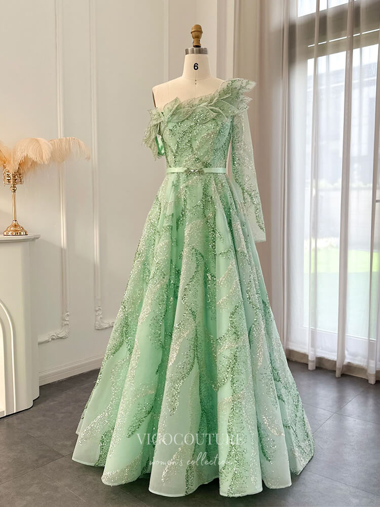 Beaded Lace Prom Dresses One Shoulder Long Sleeve Formal Dress 22158-Prom Dresses-vigocouture-Light Green-US2-vigocouture