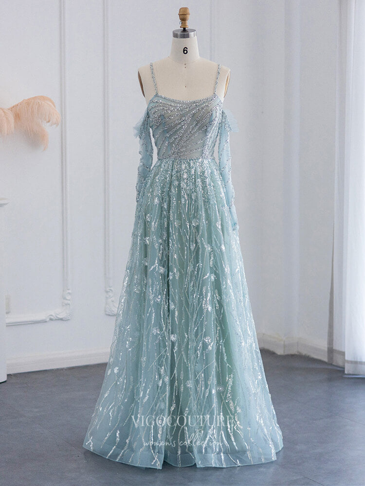 Beaded Lace Prom Dresses Spaghetti Strap Evening Dress 22146-Prom Dresses-vigocouture-Light Green-US2-vigocouture