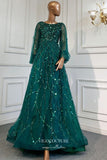 vigocouture-Beaded Long Sleeve Formal Dresses A-Line Prom Dress 21625-Prom Dresses-vigocouture-Green-US2-