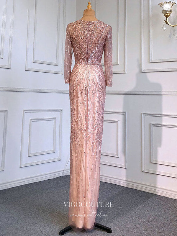 vigocouture-Beaded Long Sleeve Formal Dresses Mermaid Evening Dresses 21523-Prom Dresses-vigocouture-