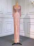 vigocouture-Beaded Long Sleeve Formal Dresses Mermaid Evening Dresses 21523-Prom Dresses-vigocouture-Blush-US2-