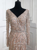 vigocouture-Beaded Long Sleeve Formal Dresses V-Neck Mermaid Evening Dresses 21515-Prom Dresses-vigocouture-