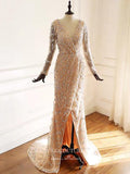 vigocouture-Beaded Long Sleeve Formal Dresses V-Neck Mermaid Evening Dresses 21515-Prom Dresses-vigocouture-