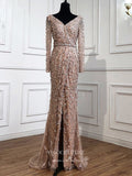 vigocouture-Beaded Long Sleeve Formal Dresses V-Neck Mermaid Evening Dresses 21515-Prom Dresses-vigocouture-Blush-US2-