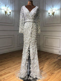vigocouture-Beaded Long Sleeve Formal Dresses V-Neck Mermaid Evening Dresses 21515-Prom Dresses-vigocouture-Grey-US2-