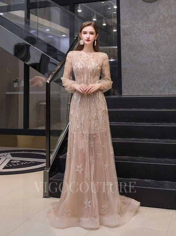 vigocouture-Beaded Long Sleeve Prom Dress 20192-Prom Dresses-vigocouture-Champagne-US2-