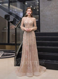 vigocouture-Beaded Long Sleeve Prom Dress 20192-Prom Dresses-vigocouture-Champagne-US2-