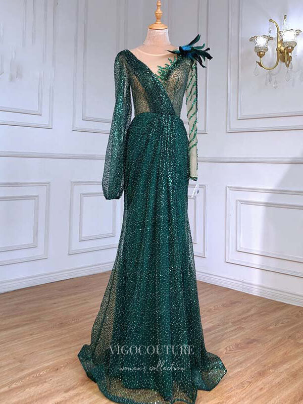 vigocouture-Beaded Long Sleeve Prom Dresses Boat Neck Evening Dresses 21205-Prom Dresses-vigocouture-Green-US2-