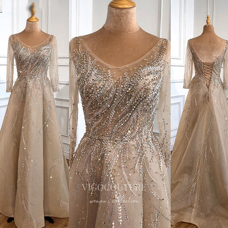 vigocouture-Beaded Long Sleeve Prom Dresses Boat Neck Evening Dresses 21304-Prom Dresses-vigocouture-