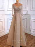 vigocouture-Beaded Long Sleeve Prom Dresses Boat Neck Evening Dresses 21304-Prom Dresses-vigocouture-Champagne-US2-