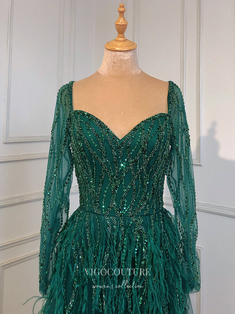 Beaded Long Sleeve Prom Dresses Feather Sweetheart Neck Formal Dress 22067-Prom Dresses-vigocouture-Green-US2-vigocouture