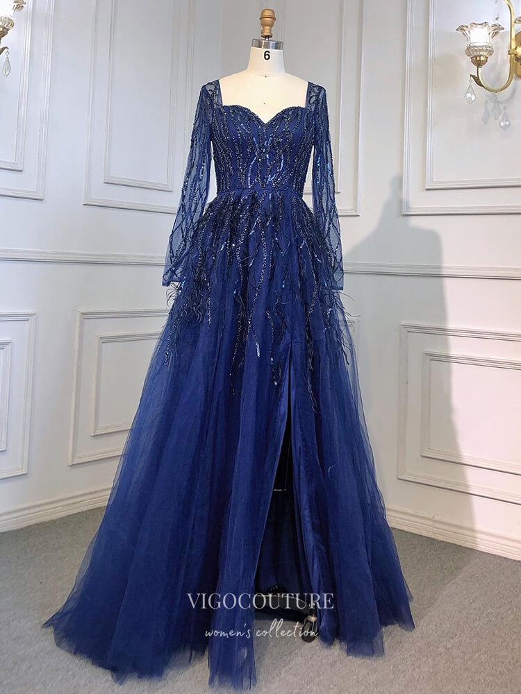 Beaded Long Sleeve Prom Dresses Feather Sweetheart Neck Formal Dress 22067-Prom Dresses-vigocouture-Blue-US2-vigocouture