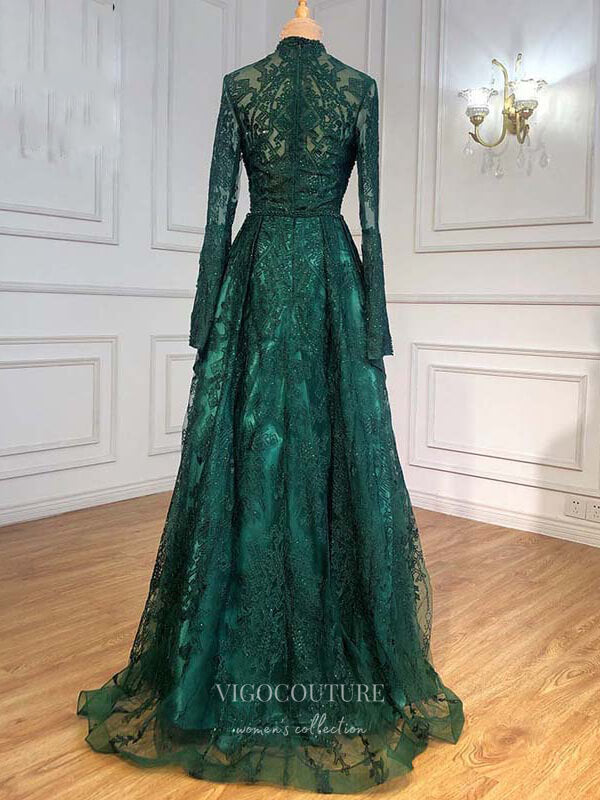 vigocouture-Beaded Long Sleeve Prom Dresses High Neck Evening Dresses 21202-Prom Dresses-vigocouture-