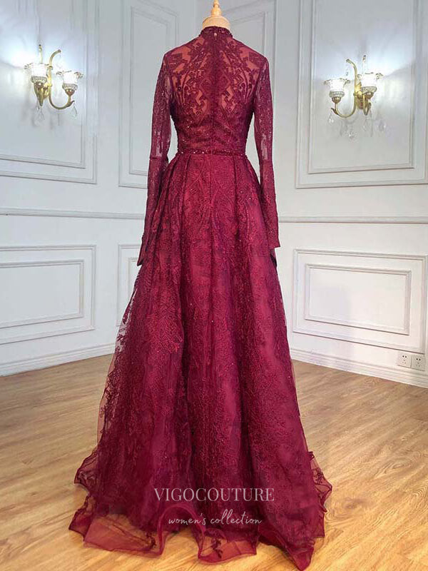 vigocouture-Beaded Long Sleeve Prom Dresses High Neck Evening Dresses 21202-Prom Dresses-vigocouture-