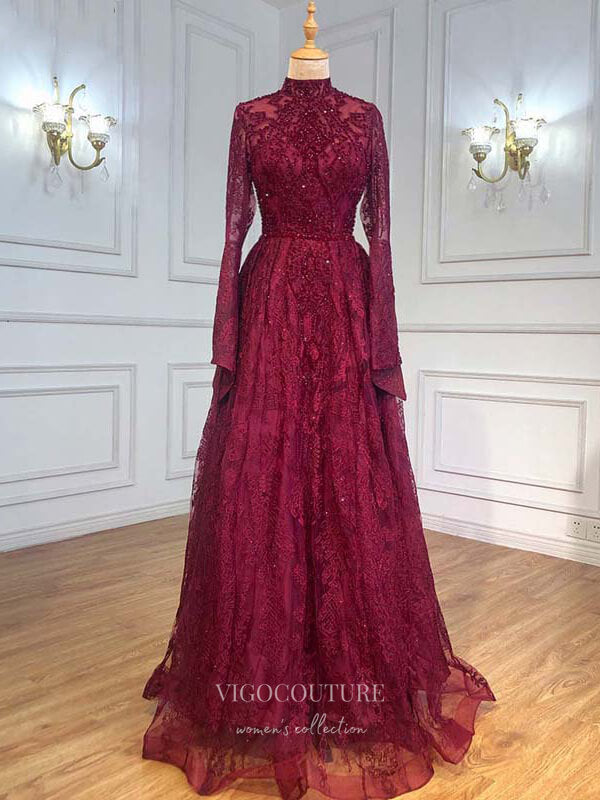 vigocouture-Beaded Long Sleeve Prom Dresses High Neck Evening Dresses 21202-Prom Dresses-vigocouture-Burgundy-US2-