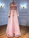 vigocouture-Beaded Long Sleeve Prom Dresses High Neck Evening Dresses 21202-Prom Dresses-vigocouture-Pink-US2-